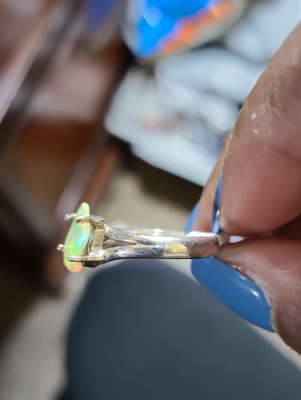 Sterling Silver Opal Solitaire Ring - Green-Blue Fire - Picture 2 of 4